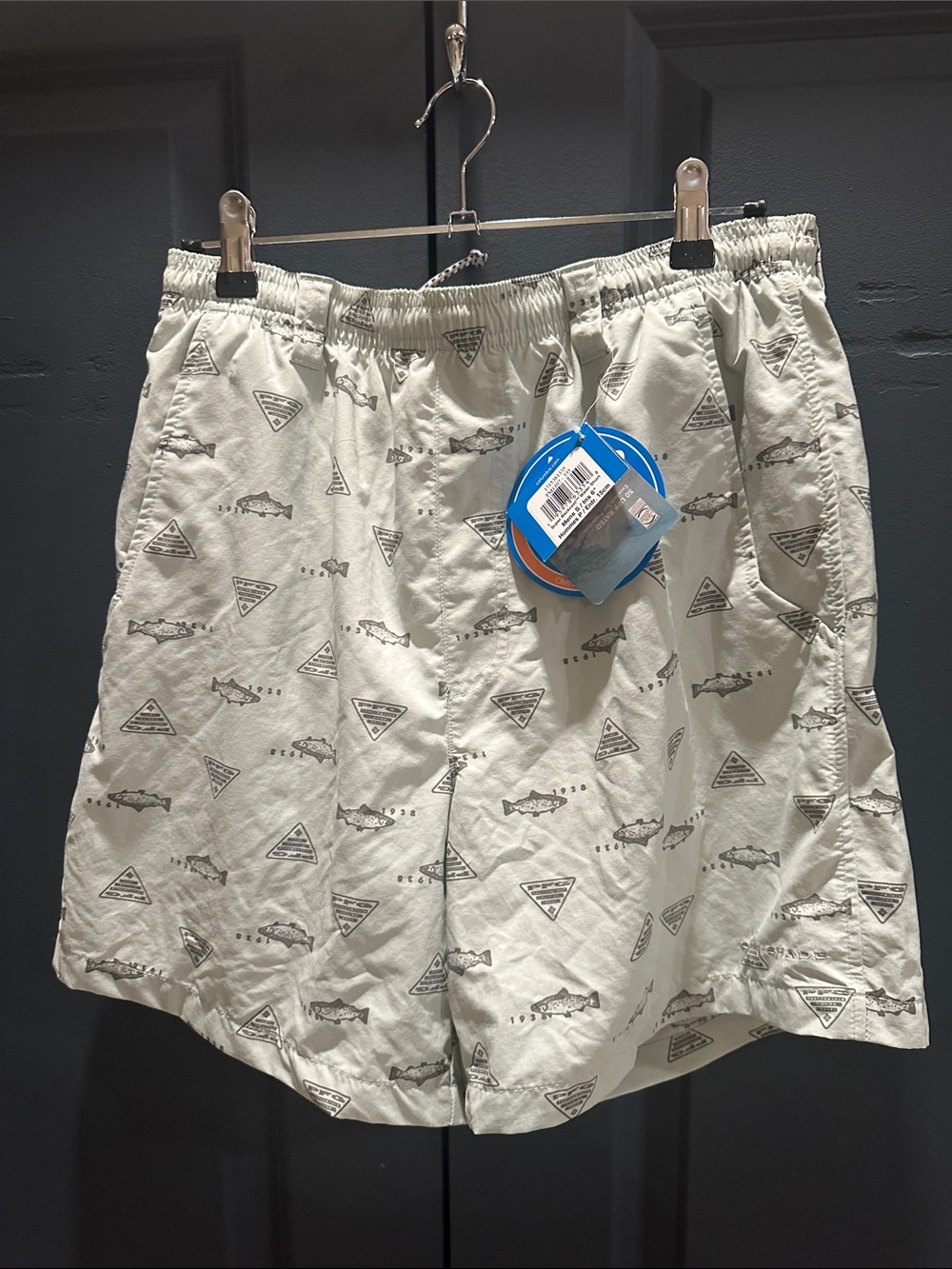 New with tags.  Columbia PFG Pale Green Swim Trunks with Fish Print